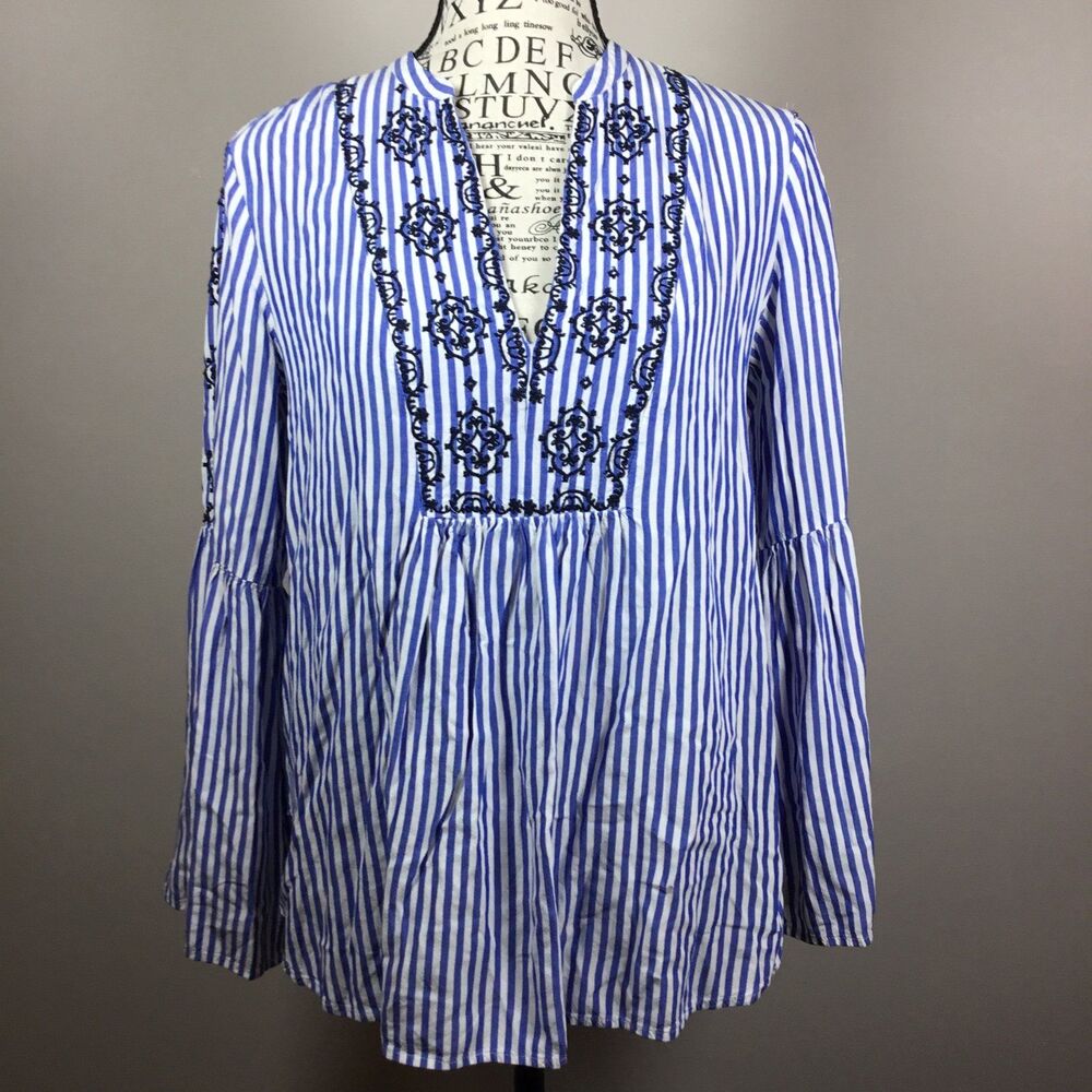 Blue and white striped embroidered floaty top long bell embroidered sleeve XSP